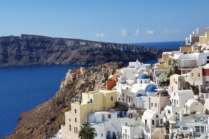 Cliffside view of the village of Oia in Santorini.