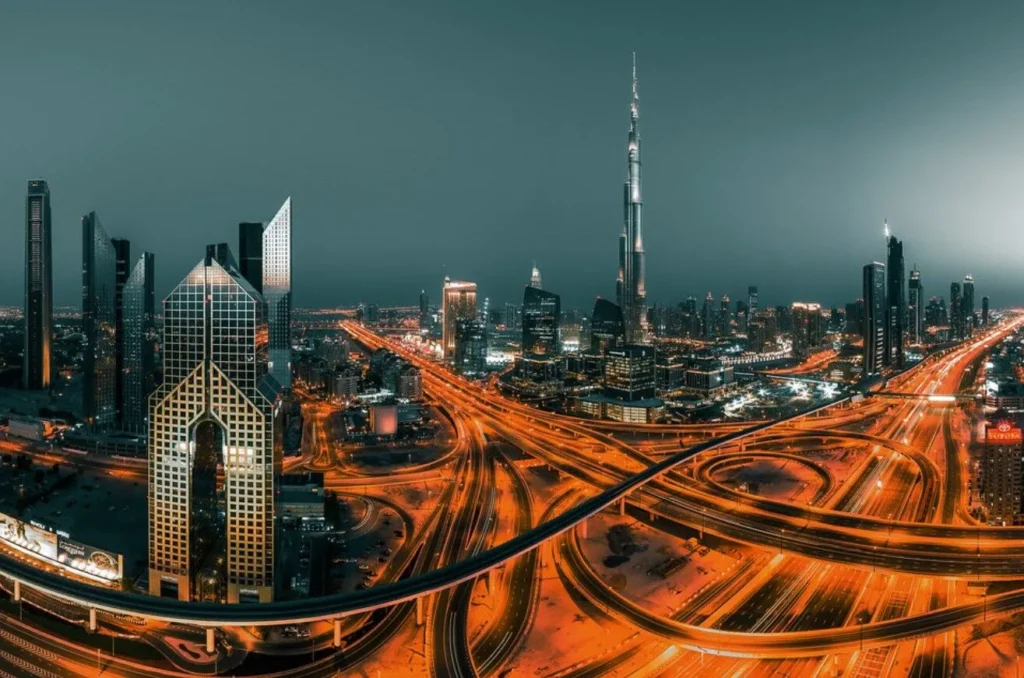 Breathtaking night view of Dubai's lit skyline and roads