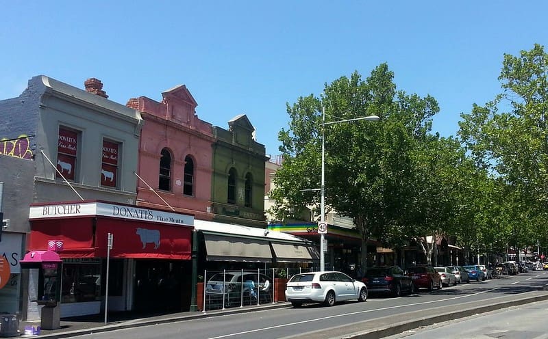 Shops on Lygon Street near Elgin Street, Carlton, Melbourne, Victoria, Australia.